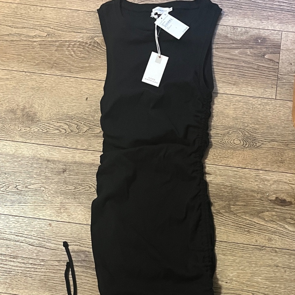 Good American Black Ruched Mini Dress gathered sides